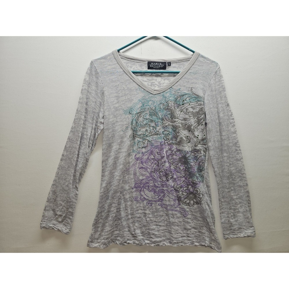 Harve Benard Sport Medium Gray Burnout Tee Rhinestone Y2K Grunge Biker Chic